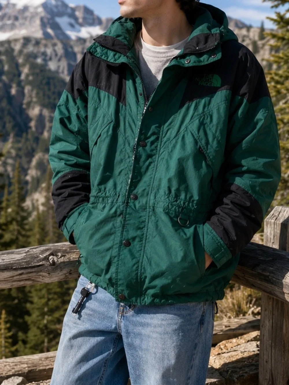 Vintage 90s The North Face Green Black Colorblock Hooded Ski Snow Jacket Large